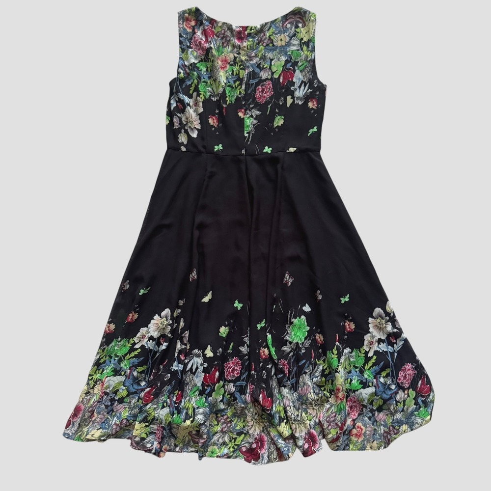 Floryday Black Floral Butterfly Chiffon Midi Dress Fit Flare Size L cottagecore